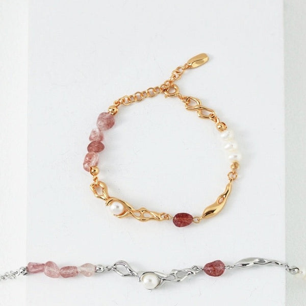 SL0073 - Elegant Fusion: Pink Strawberry Crystal and Silver Pearl Bracelet