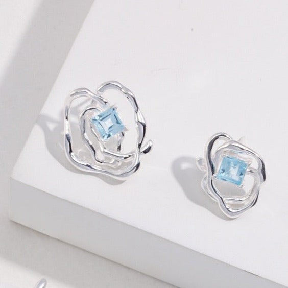 E0764 Liquid Series - Pure Silver Natural Topaz Asymmetrical Earrings