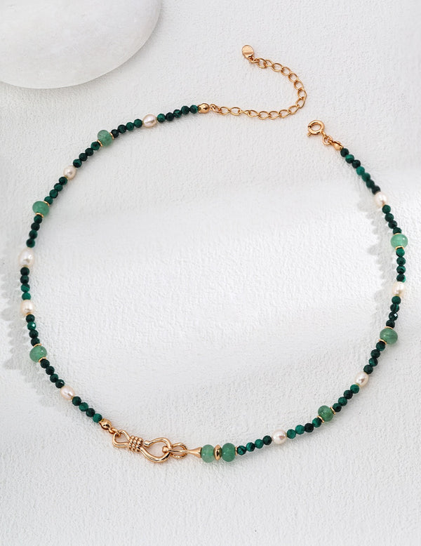 D0550-2 S925 silver green aventurine, natural malachite, and pearl necklace